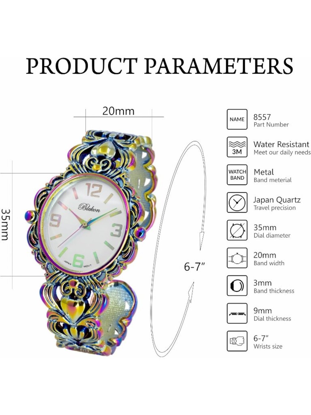 Women's Iridescent 35mm Case Egyptian Style Concho Cuff Bangle Quartz Watches - Picture 2 of 7